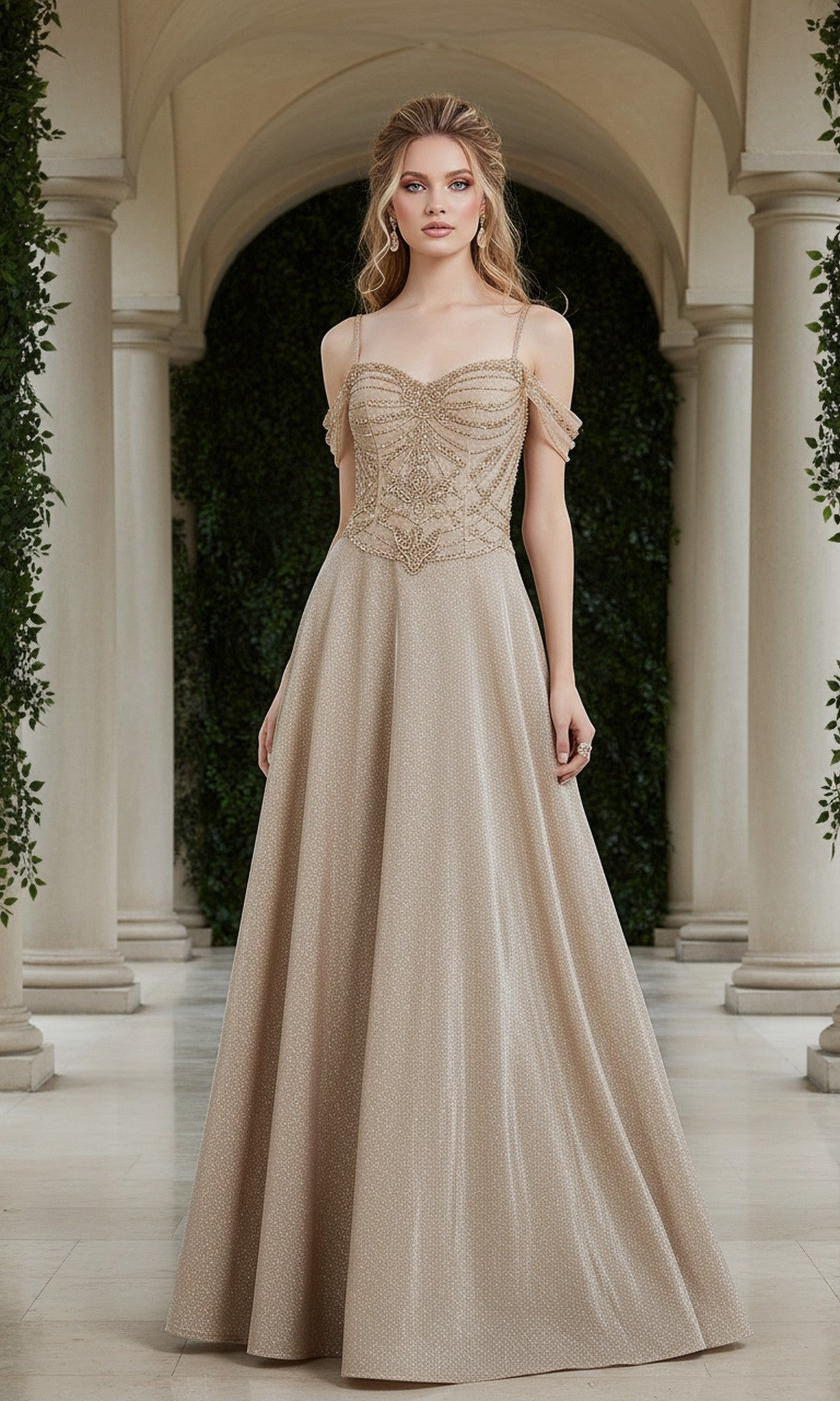 A woman in the Cinderella Couture 8581J long prom dress, featuring a champagne off-shoulder beaded bodice, stands amid classical columns and arches.